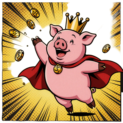Buzzer das Schwein Superheld in goldener Krone wirft Goldm&uuml;nzen Comic Pop Art Stil CrazyBuzzer Casino