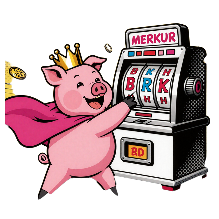 Buzzer das Schwein-Superheld in goldener Krone schl&auml;gt Merkur Slot Walzen mit fliegenden Goldm&uuml;nzen Comic Pop Art Stil